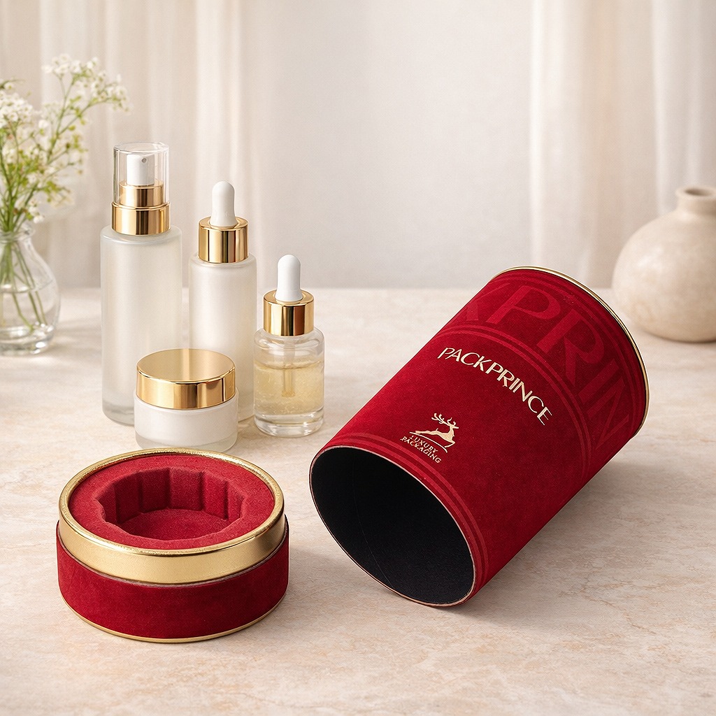 Luxury custom cream tube box with rigid cylindrical structure and foil stamped logo