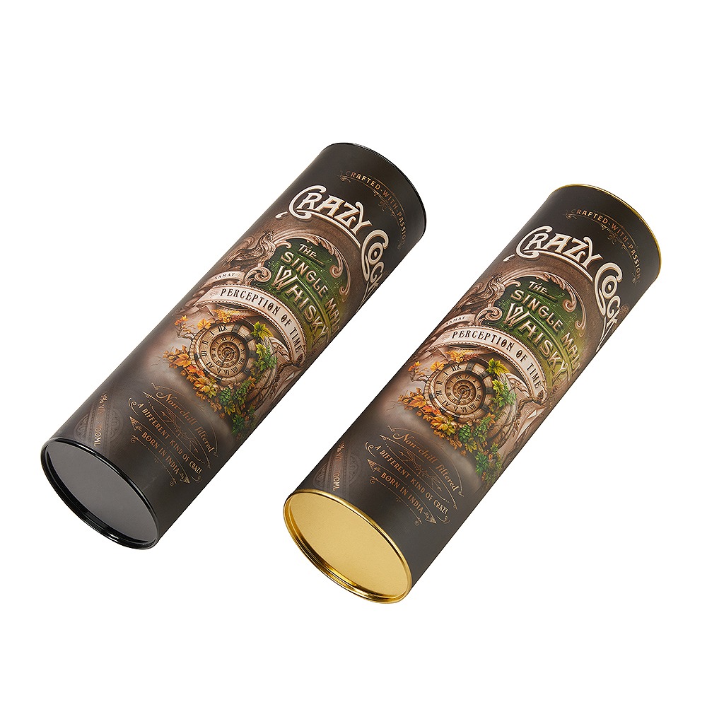 Custom printed tin-end paper tube for whisky featuring high-fidelity CMYK vintage graphics and embossed lid.