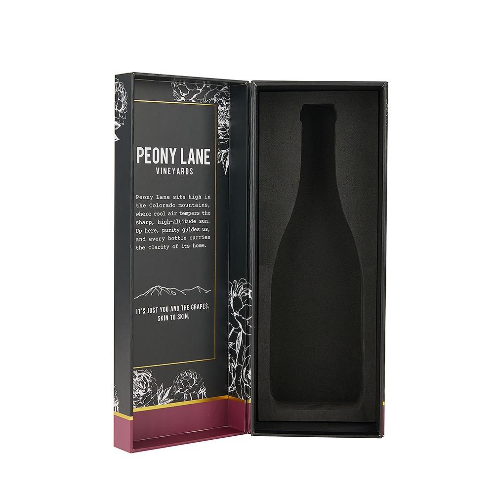 Black magnetic book style wine box featuring anti-scuff matte lamination and dual-layer EVA.