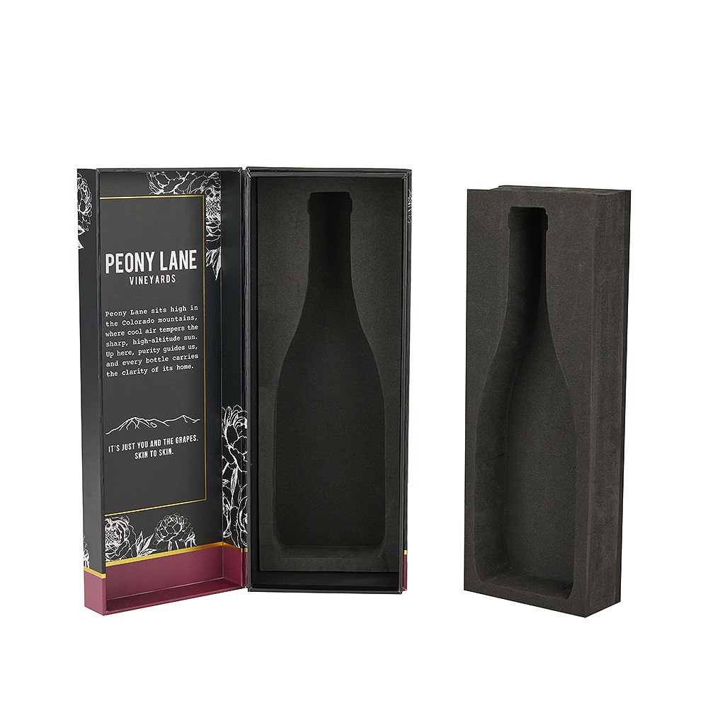 Black magnetic book style wine box featuring anti-scuff matte lamination and dual-layer EVA.