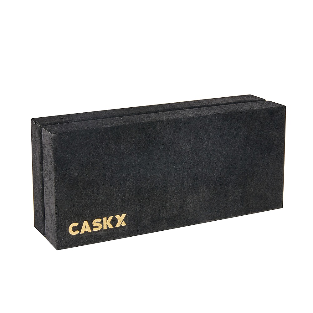 Black velvet rigid box with flush-fit telescopic structure and custom EVA insert for luxury spirits