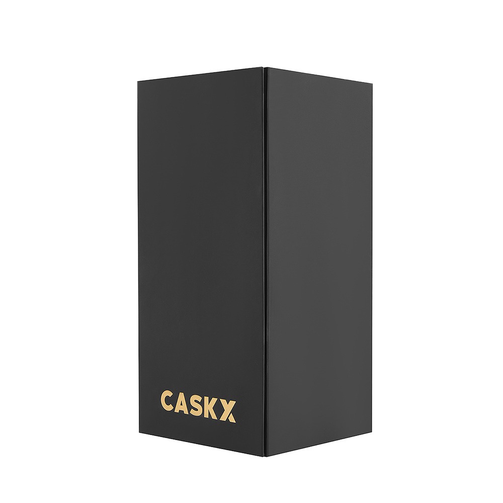 Black magnetic double-door rigid box with custom black EVA insert for heavy glass spirits.