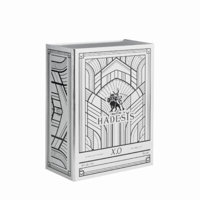 Closed Hadesis XO magnetic flip top cognac box in pearl white specialty paper with black Art Deco line illustration
