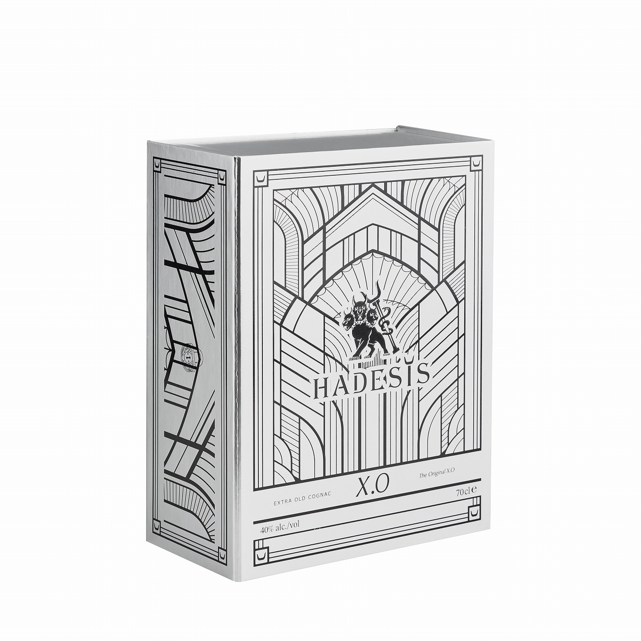 Closed Hadesis XO magnetic flip top cognac box in pearl white specialty paper with black Art Deco line illustration