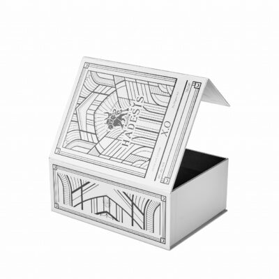 White Hadesis XO magnetic clamshell cognac box open at 45 degrees showing Art Deco printed lid and foam insert