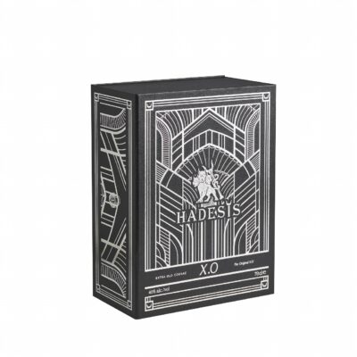 Closed black leather grain Hadesis XO magnetic flip top cognac box with full silver foil Art Deco stamping