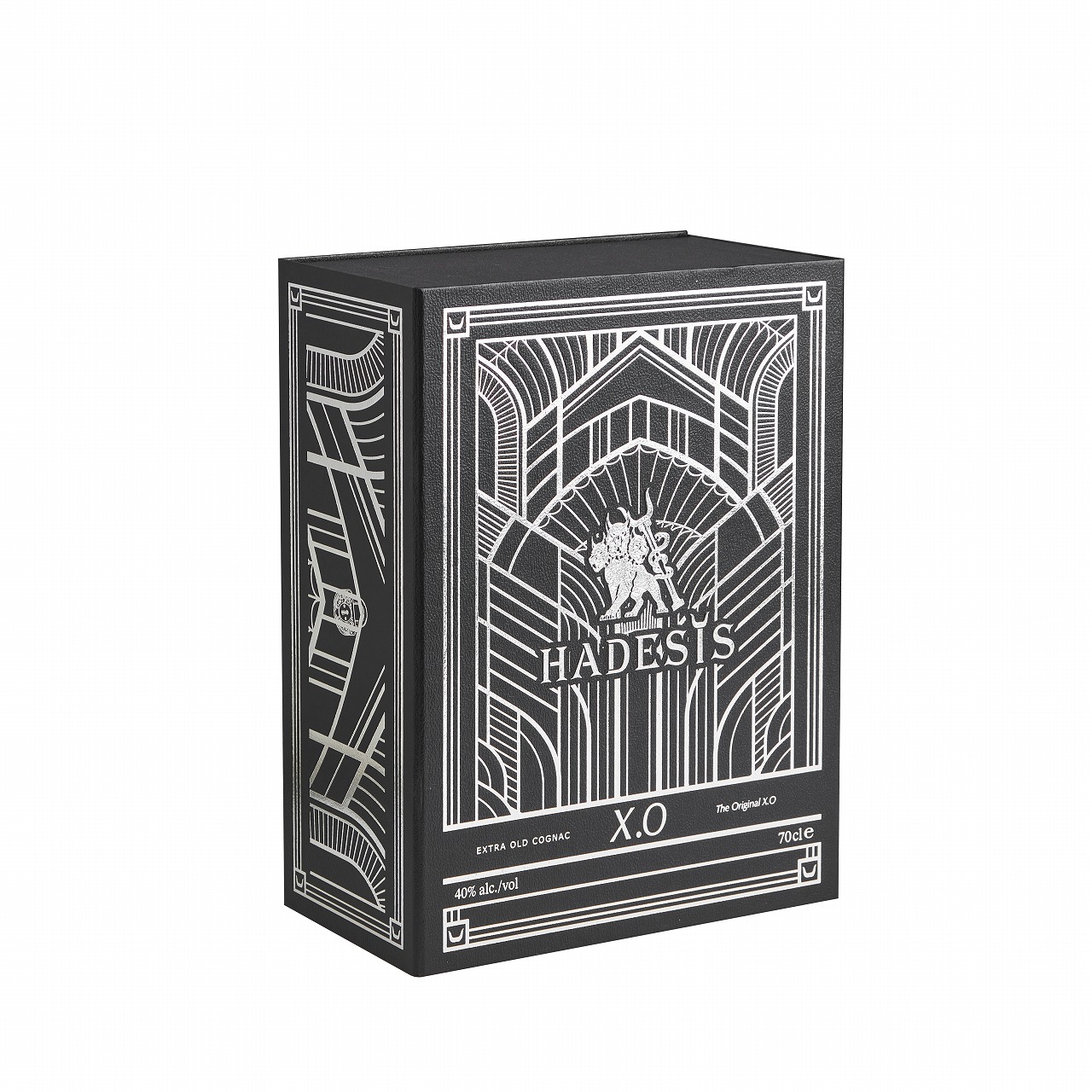 Closed black leather grain Hadesis XO magnetic flip top cognac box with full silver foil Art Deco stamping