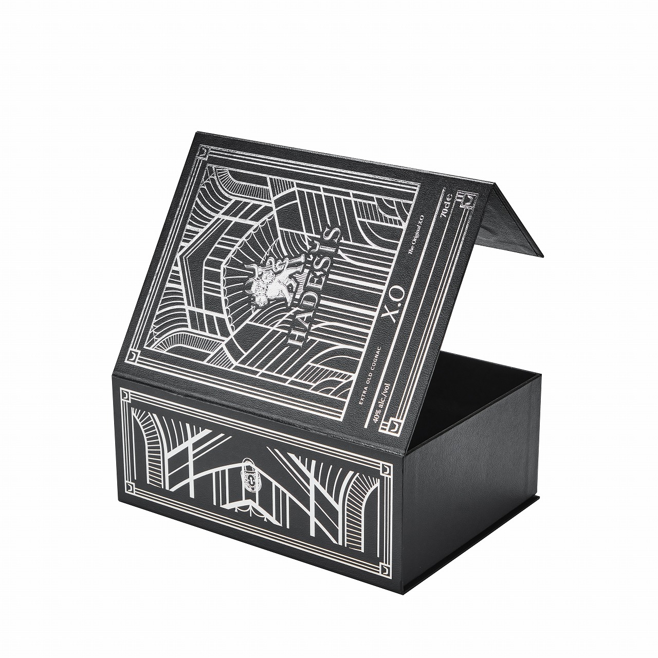 Black leather grain Hadesis XO cognac gift box open at 45 degrees revealing silver foil Art Deco lid design