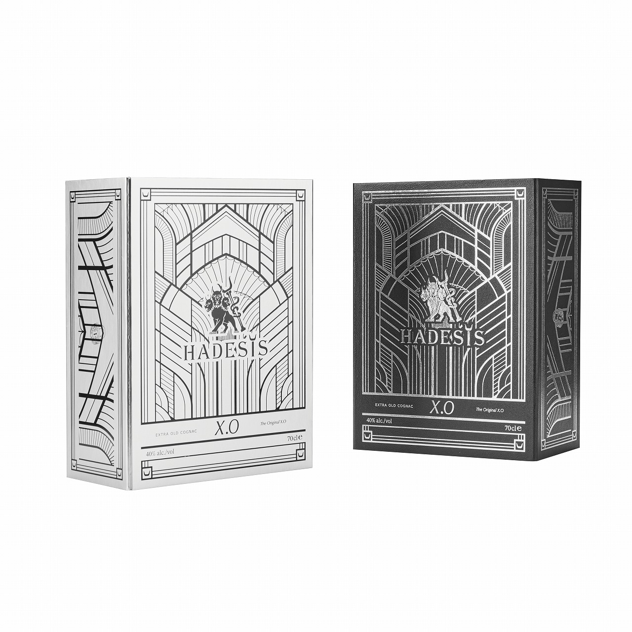 Custom Wine Gift Box Factory: Premium Eco-Friendly Packaging Solutions-White pearl and black leather grain Hadesis XO magnetic flip top cognac boxes side by side comparison