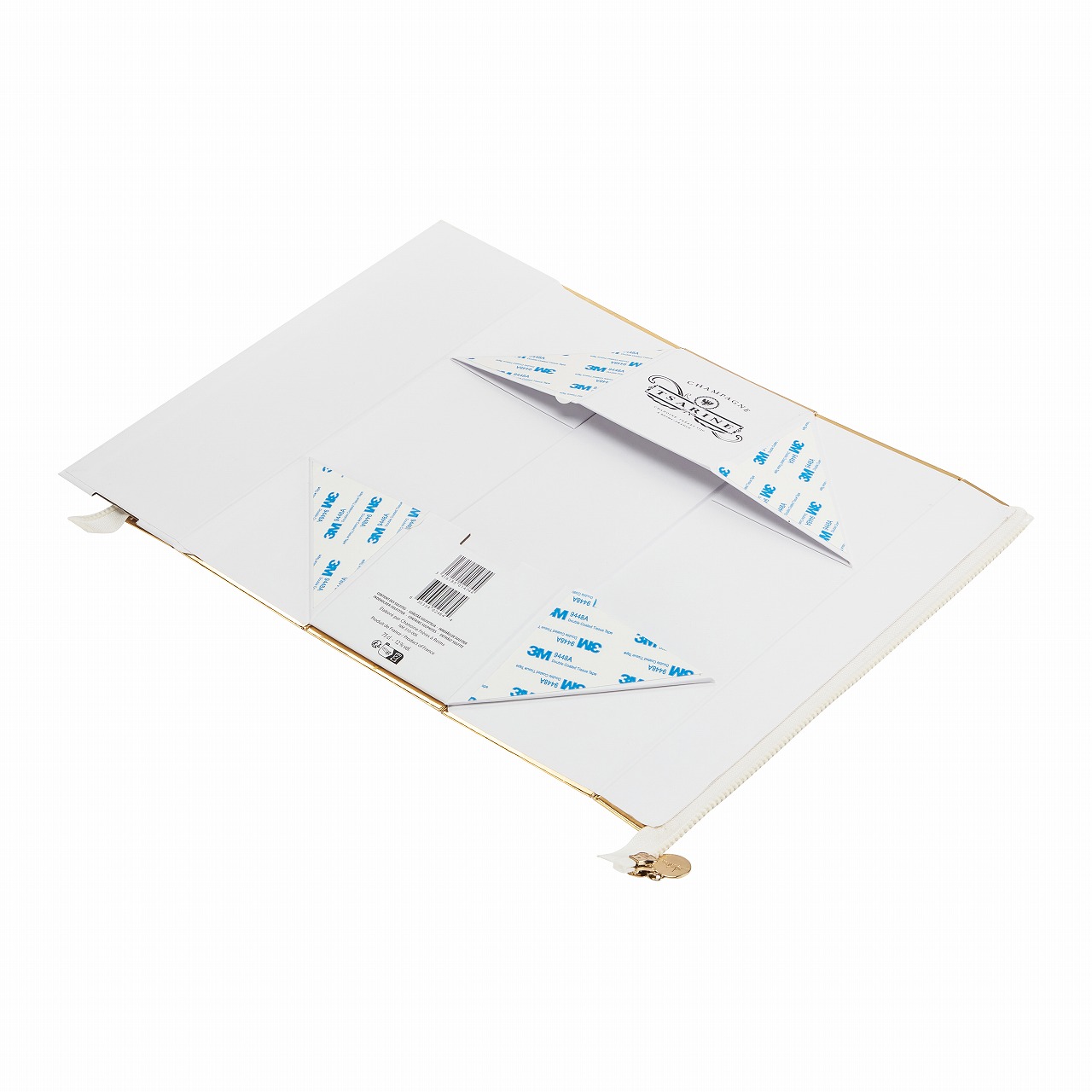 Flat-pack structure of zipper wine box showing 3M adhesive assembly and foldable greyboard construction