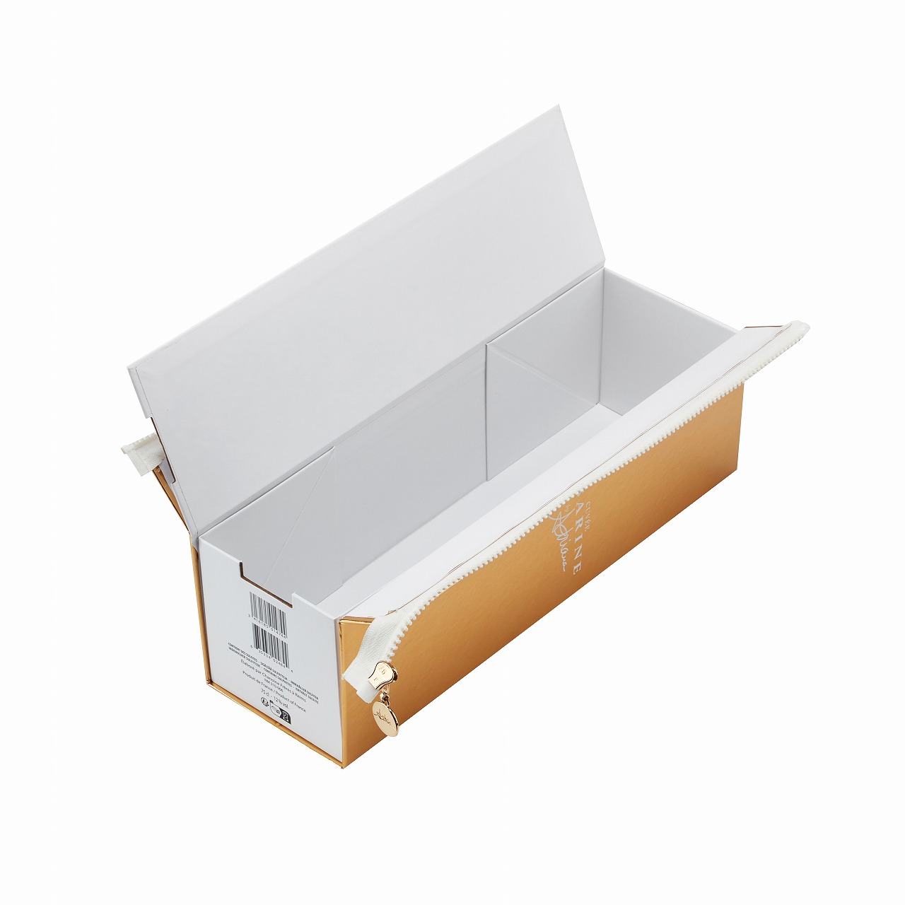 Gold zipper champagne box with Tsarine bottle visible through UV-printed specialty paper panel