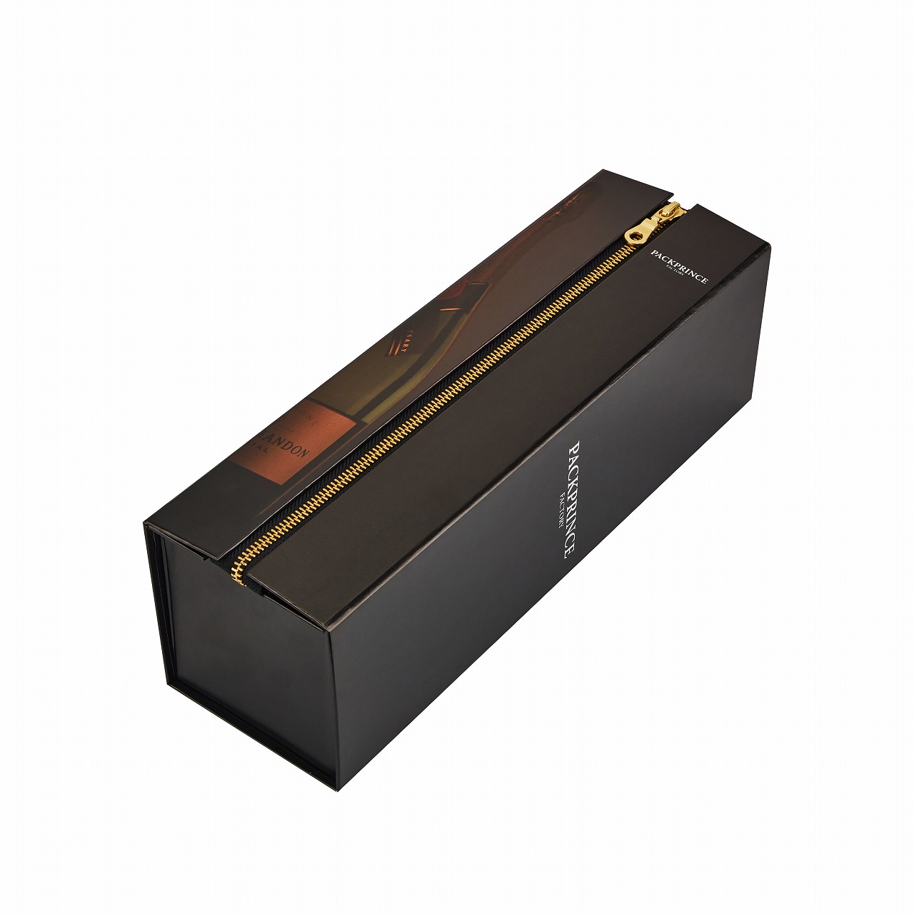 Black zipper champagne box horizontal view with UV-printed Moët & Chandon bottle artwork