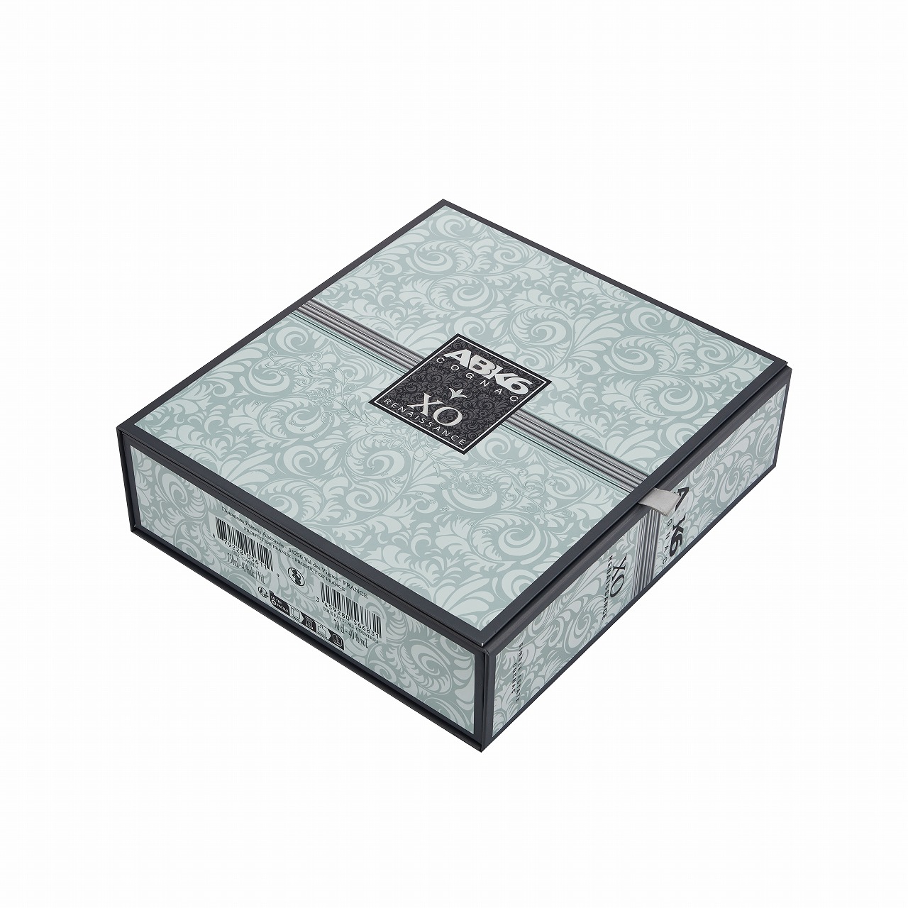 Upright ABK6 double door cognac gift box with tonal acanthus scroll pattern and satin ribbon pull tab