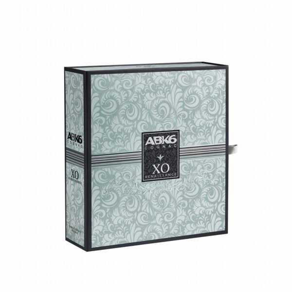 Closed top view of ABK6 XO double door cognac box with sage green baroque scroll pattern and silver foil badge