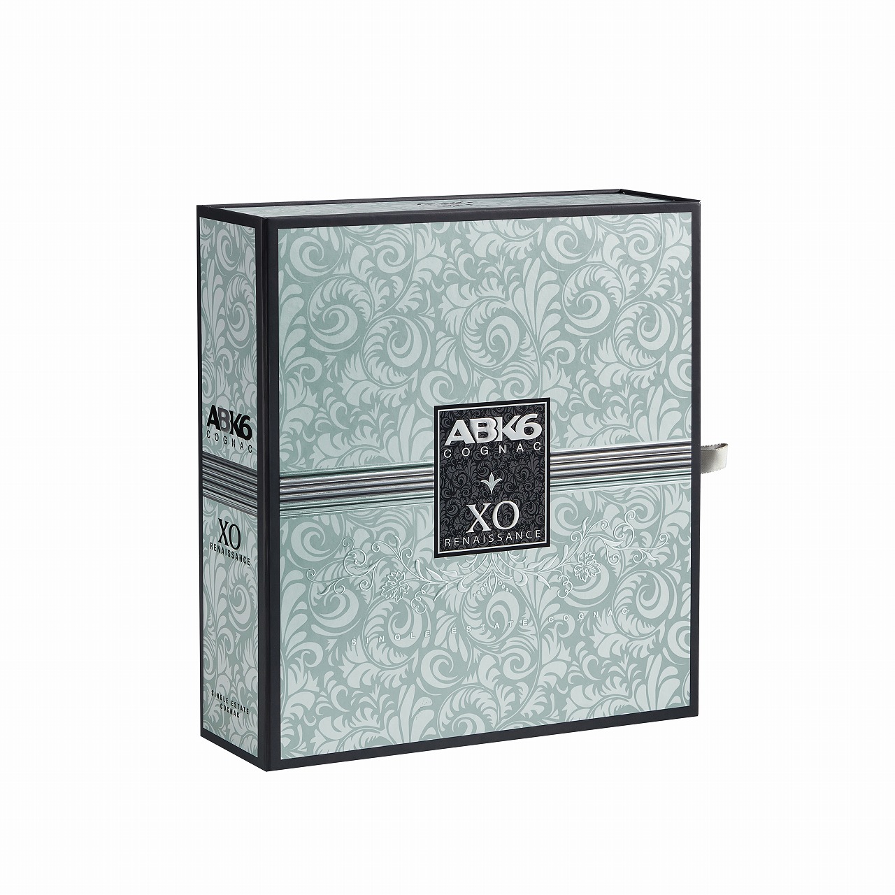 Closed top view of ABK6 XO double door cognac box with sage green baroque scroll pattern and silver foil badge