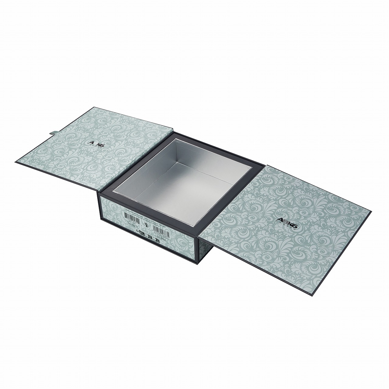 Open view of ABK6 double door cognac box revealing silver metallic interior lining and magnetic door panels