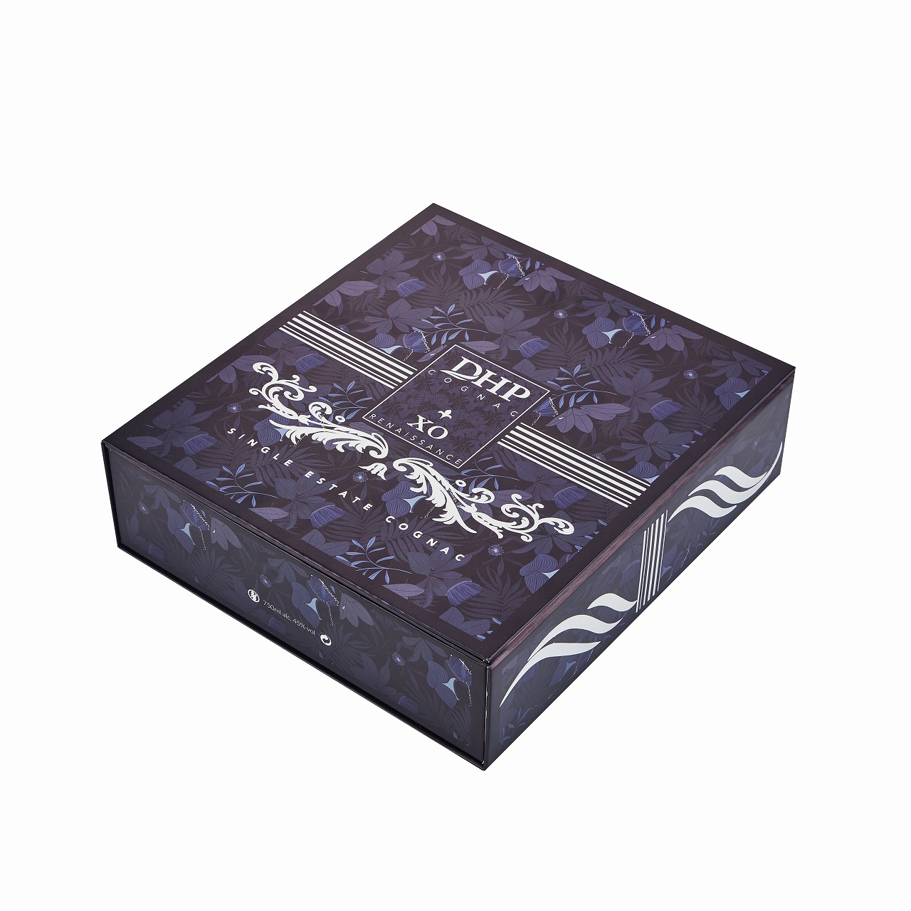 Closed top view of ABK6 XO double door cognac box with sage green baroque scroll pattern and silver foil badge