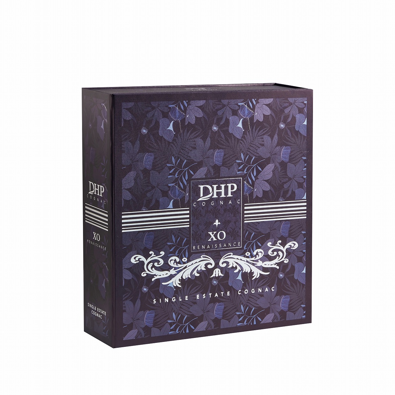 Upright DHP Cognac double door gift box with full-colour purple botanical UV print and silver foil stamping