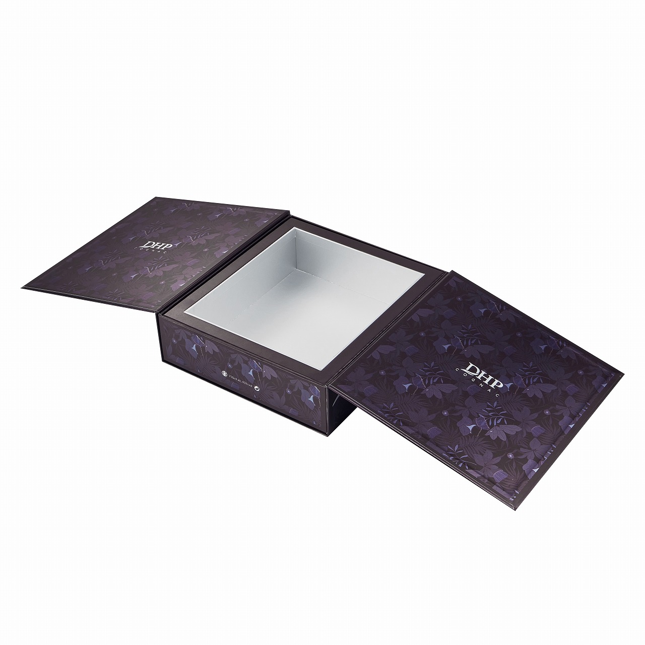 Open DHP double door cognac box showing white interior lining and branded magnetic door flaps