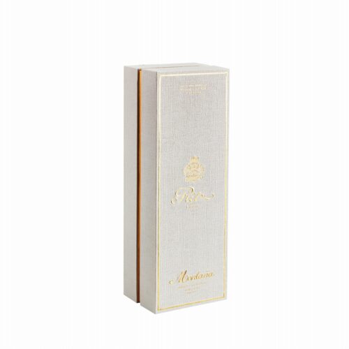 Upright closed Ritz Paris Montaña velvet lined wine gift box in white linen specialty paper with gold foil stamping and gold card edge seam