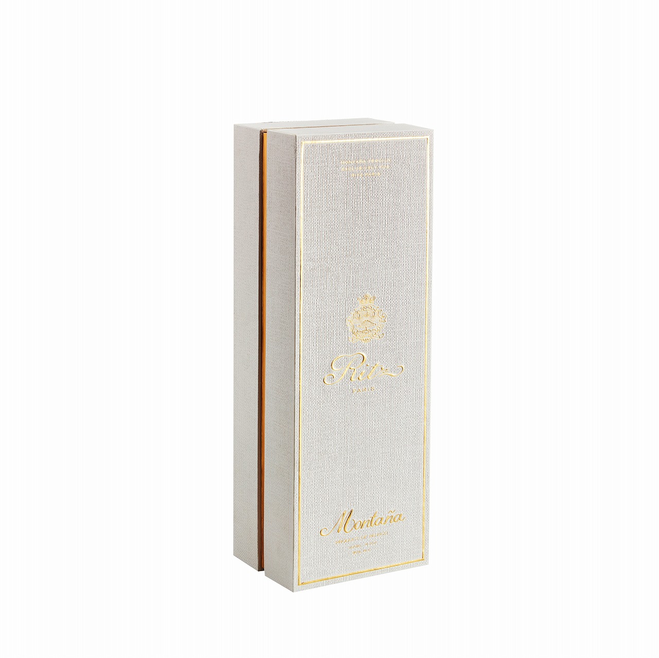 Upright closed Ritz Paris Montaña velvet lined wine gift box in white linen specialty paper with gold foil stamping and gold card edge seam
