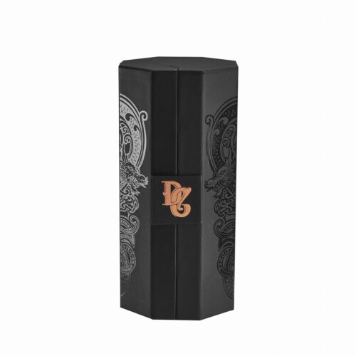 Premium hexagonal rigid whiskey box featuring double-door opening and large copper foil stamping.