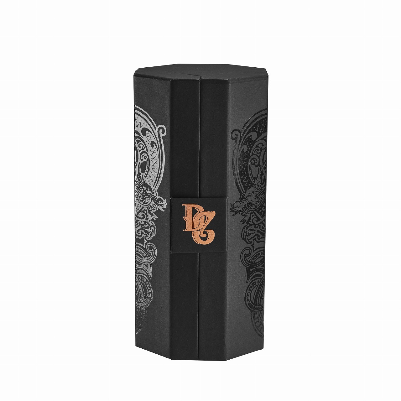 Premium hexagonal rigid whiskey box featuring double-door opening and large copper foil stamping.