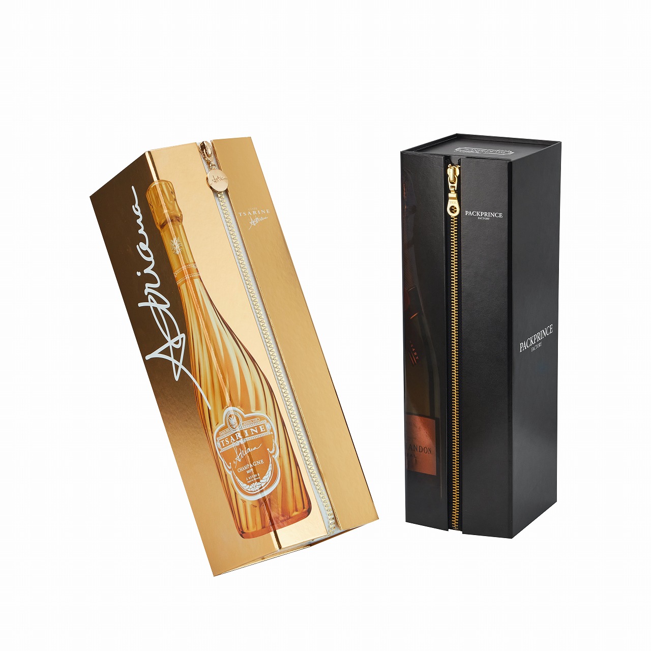 Upright black zipper wine box with full-length brass zipper and photorealistic UV-printed champagne label