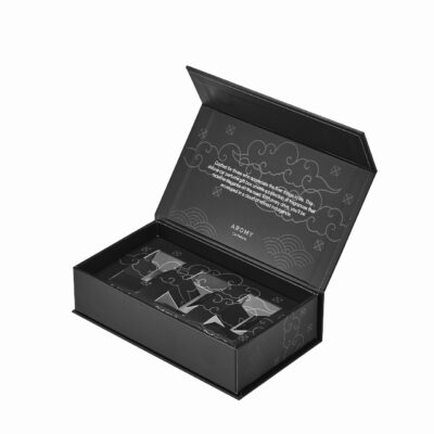 Black edition of the custom magnetic perfume box showing seamless book-style closure