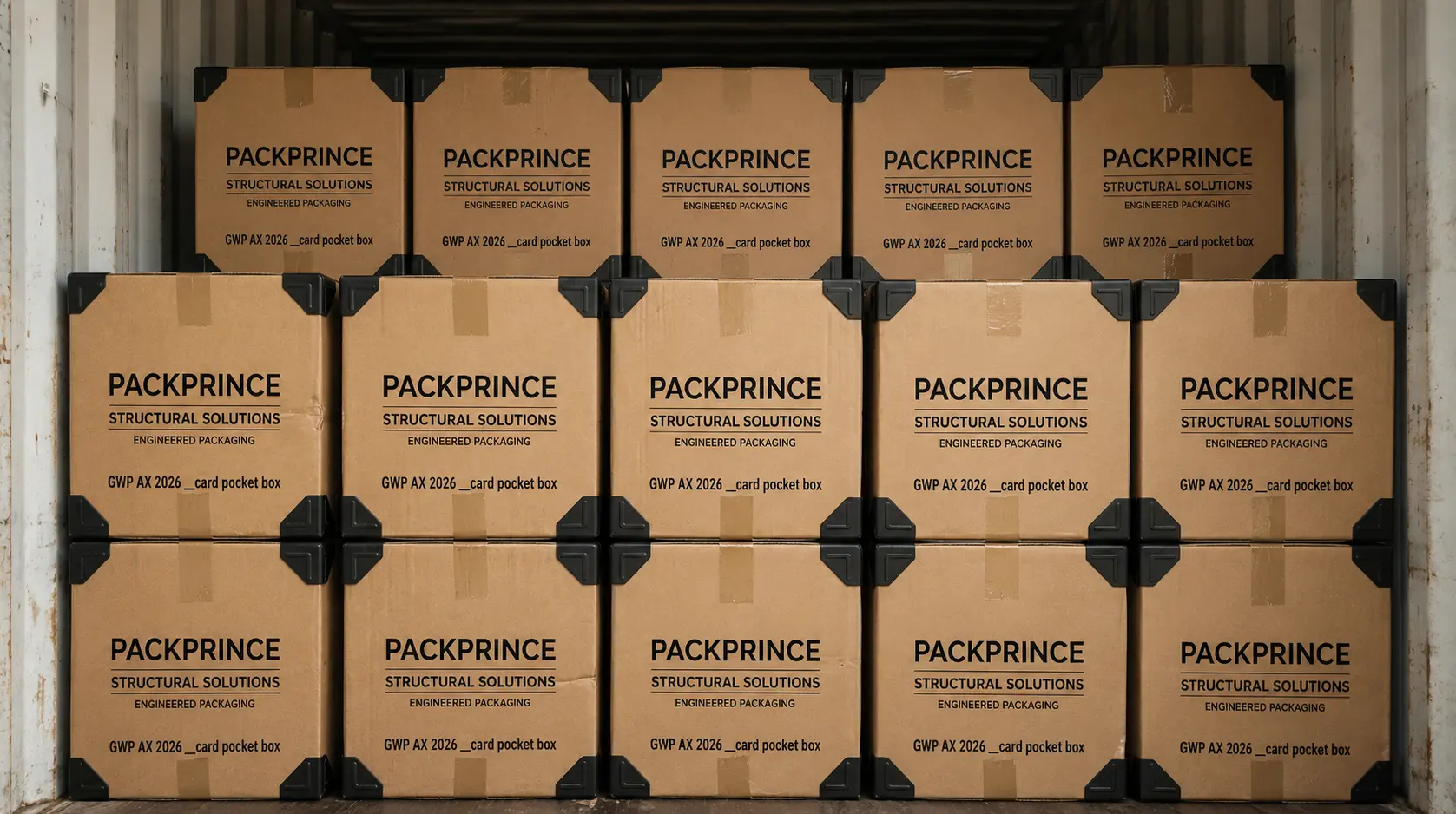 Export master cartons with black corner protectors engineered to resist packaging stacking pressure during ocean freight.