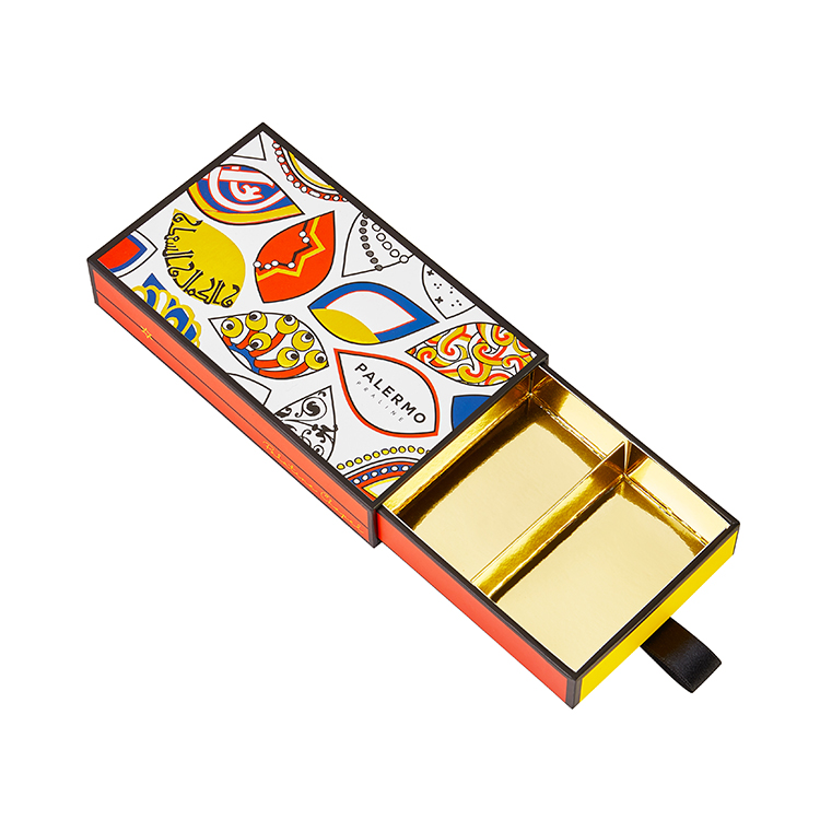 Vibrant CMYK printed chocolate rigid drawer boxes with single-side opening and ribbon pull.