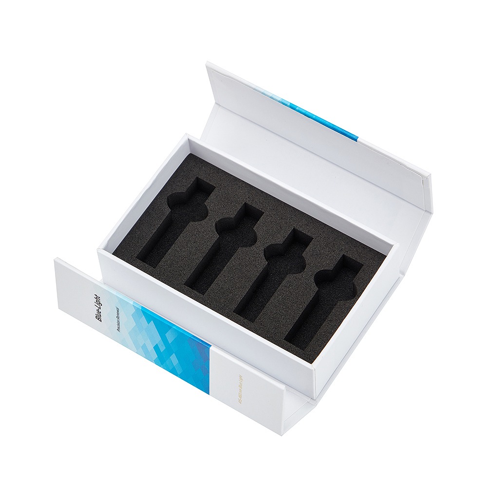 Open double-door rigid serum gift box with four-cavity black foam insert