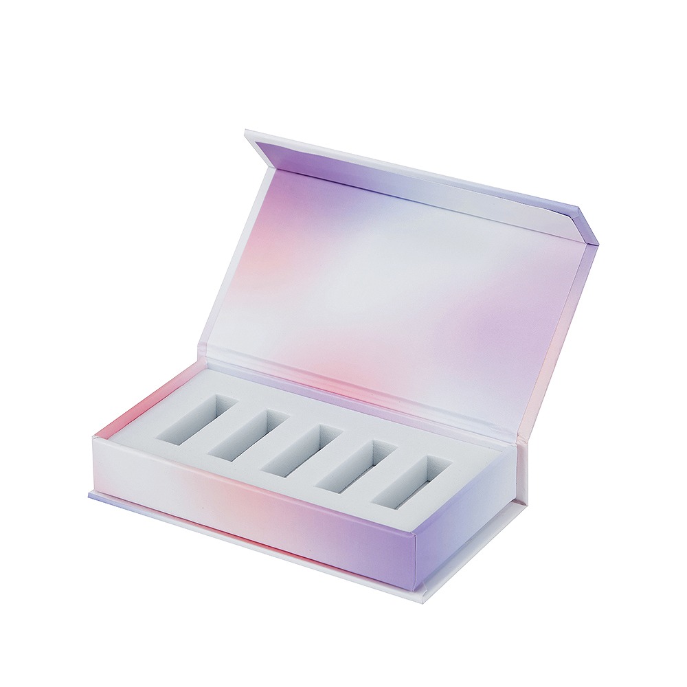 Custom magnetic book-style vial packaging box with five-cavity white insert