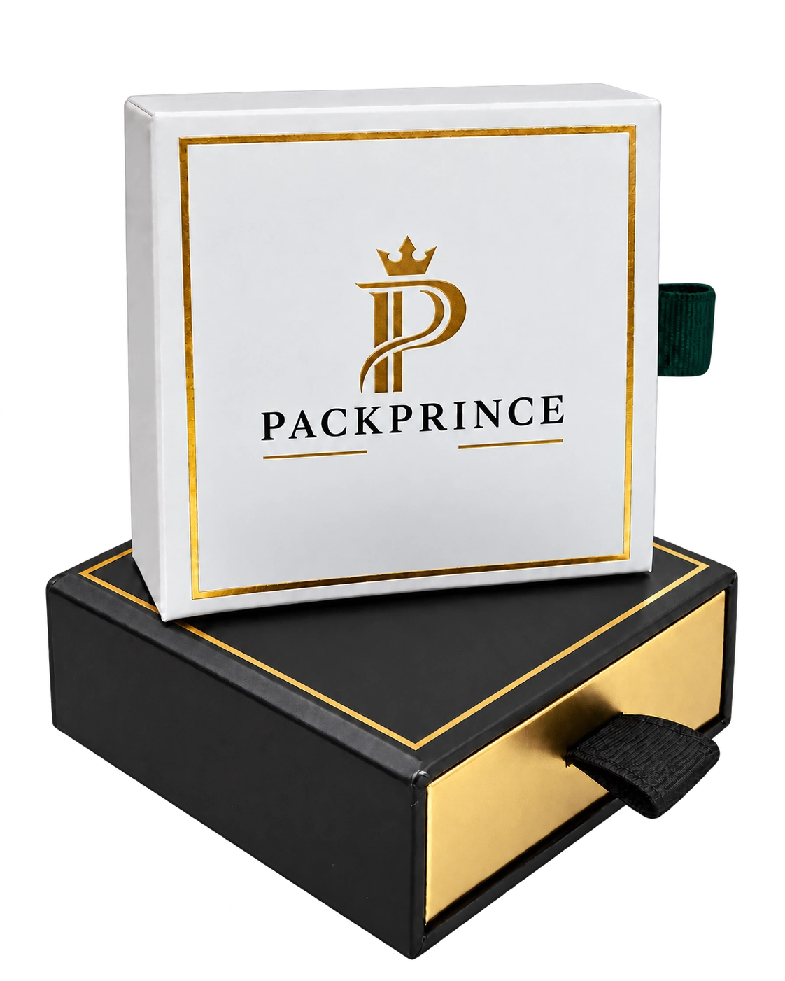 2-vial peptide drawer packaging box with gold inner drawer and transparent PET insert White rigid peptide vial drawer box with metallic gold drawer and ribbon pull handle