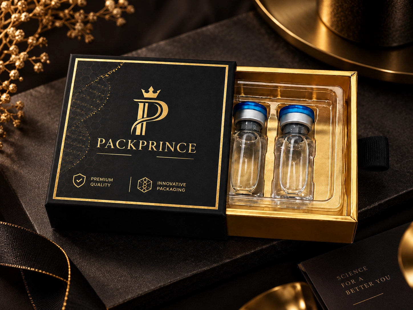 Black peptide vial drawer packaging with metallic gold inner box and clear PET blister
