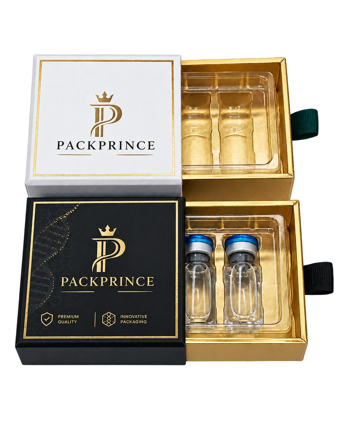 Transparent PET blister insert inside white and gold 2 Vial Peptide Packaging Box