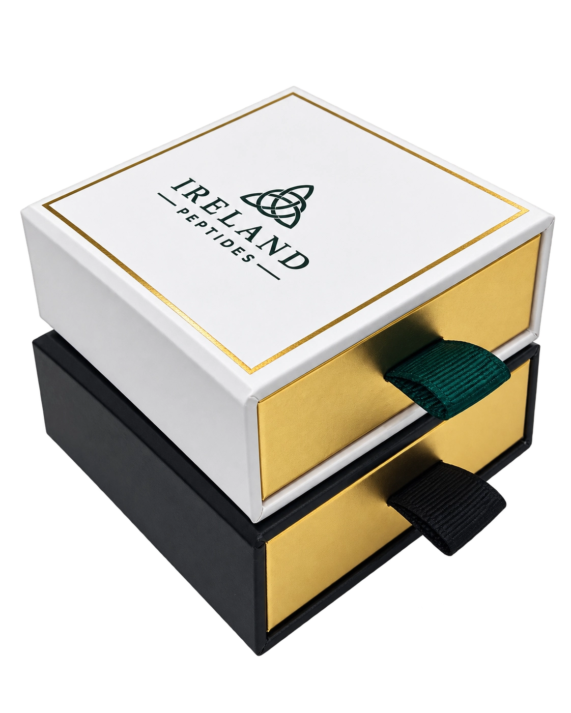 White rigid peptide vial drawer box with metallic gold drawer and ribbon pull handle
