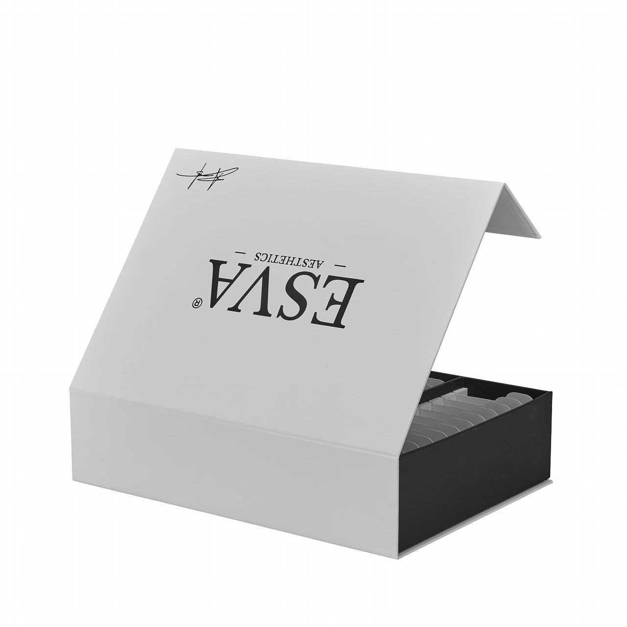 Angled view of a book-style aligner box with its white hinged lid partly open