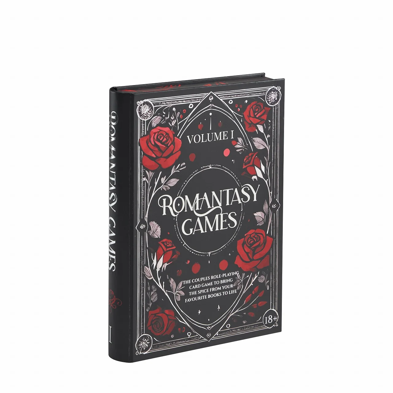 Closed printed book-style rigid card game box with decorative cover