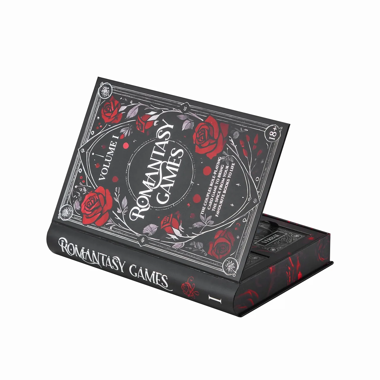 Open book-style rigid tabletop card game box with separate printed card decks and interior compartments
