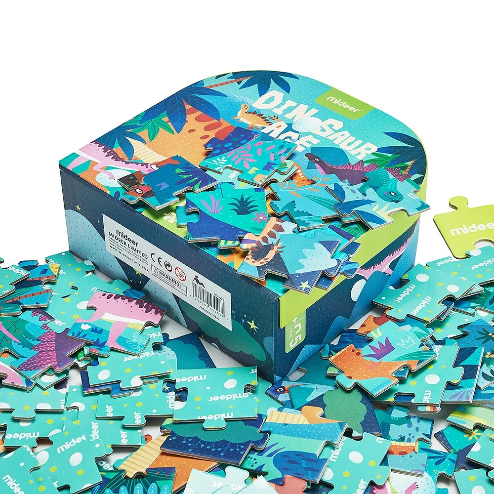 Close-up of thick printed jigsaw puzzle pieces and paperboard edges