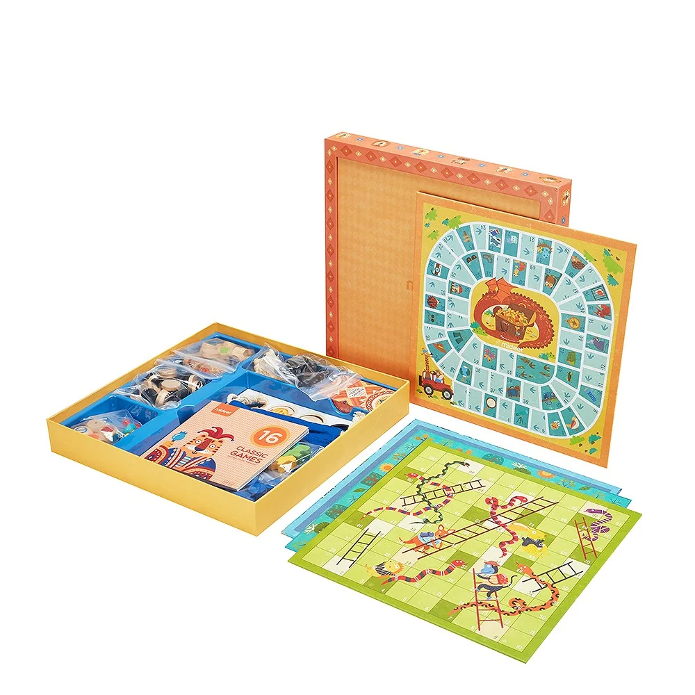 Custom educational game packaging with printed boards, pieces and organized compartments