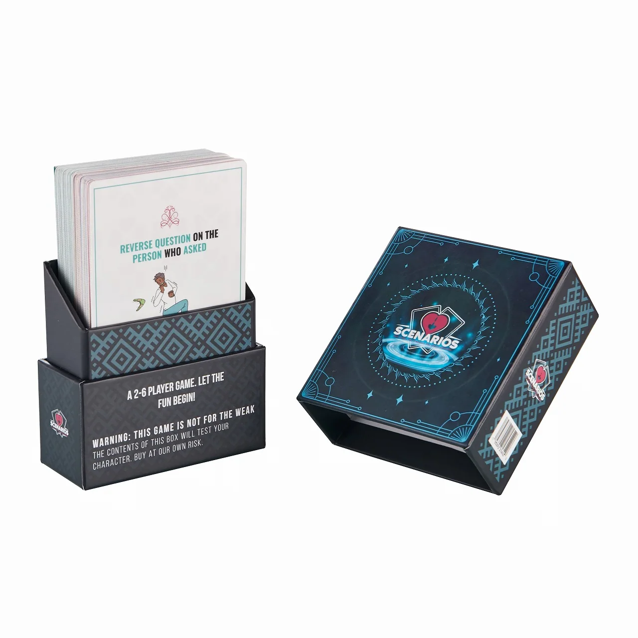 Card game deck arranged in a pull-out inner tray and printed outer sleeve