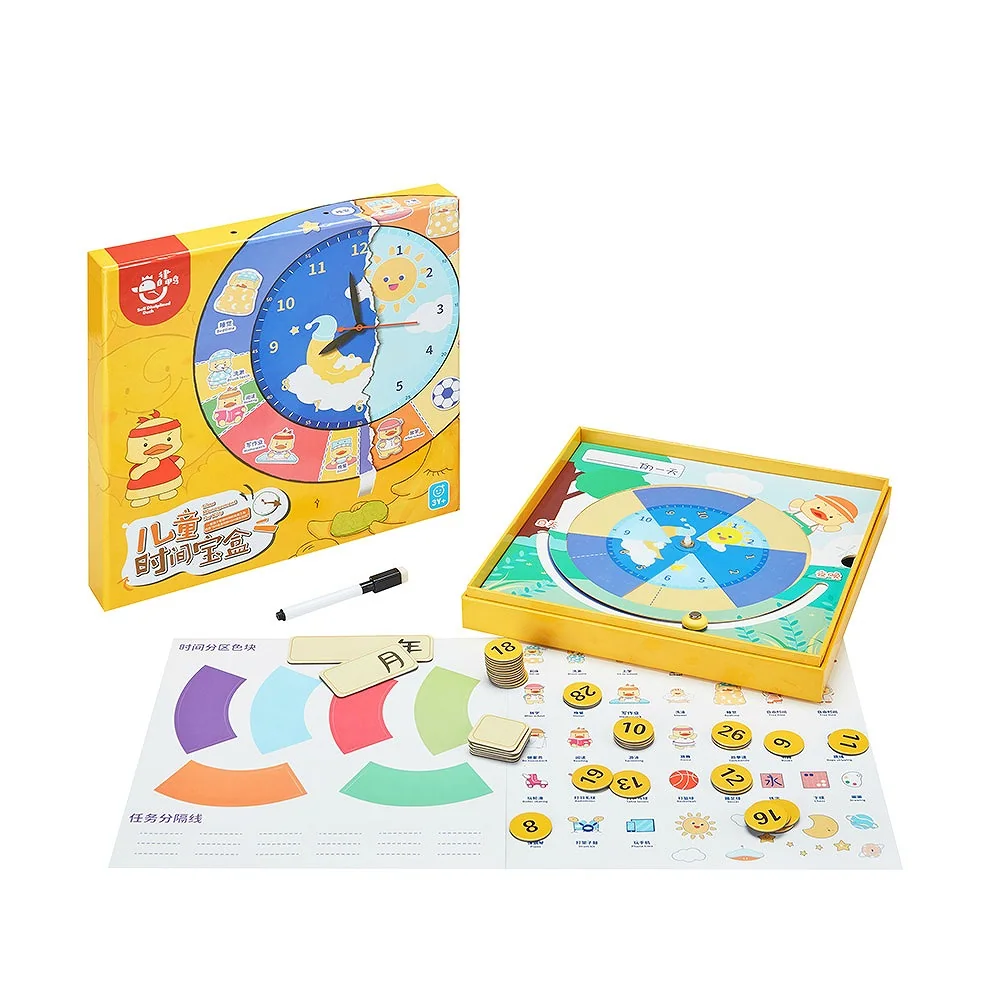 Children’s printed time-learning educational kit with activity cards and paper package