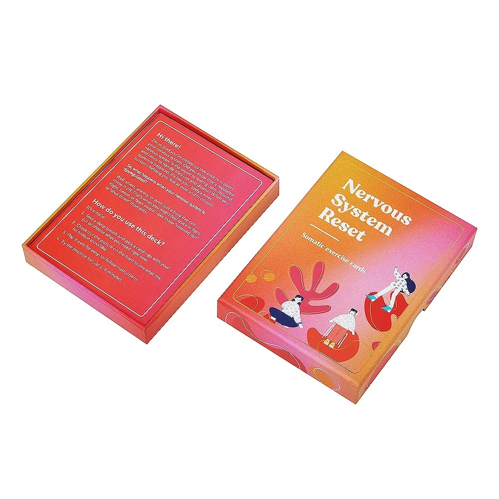 Printed card-deck packaging showing the lift-off lid and holding base