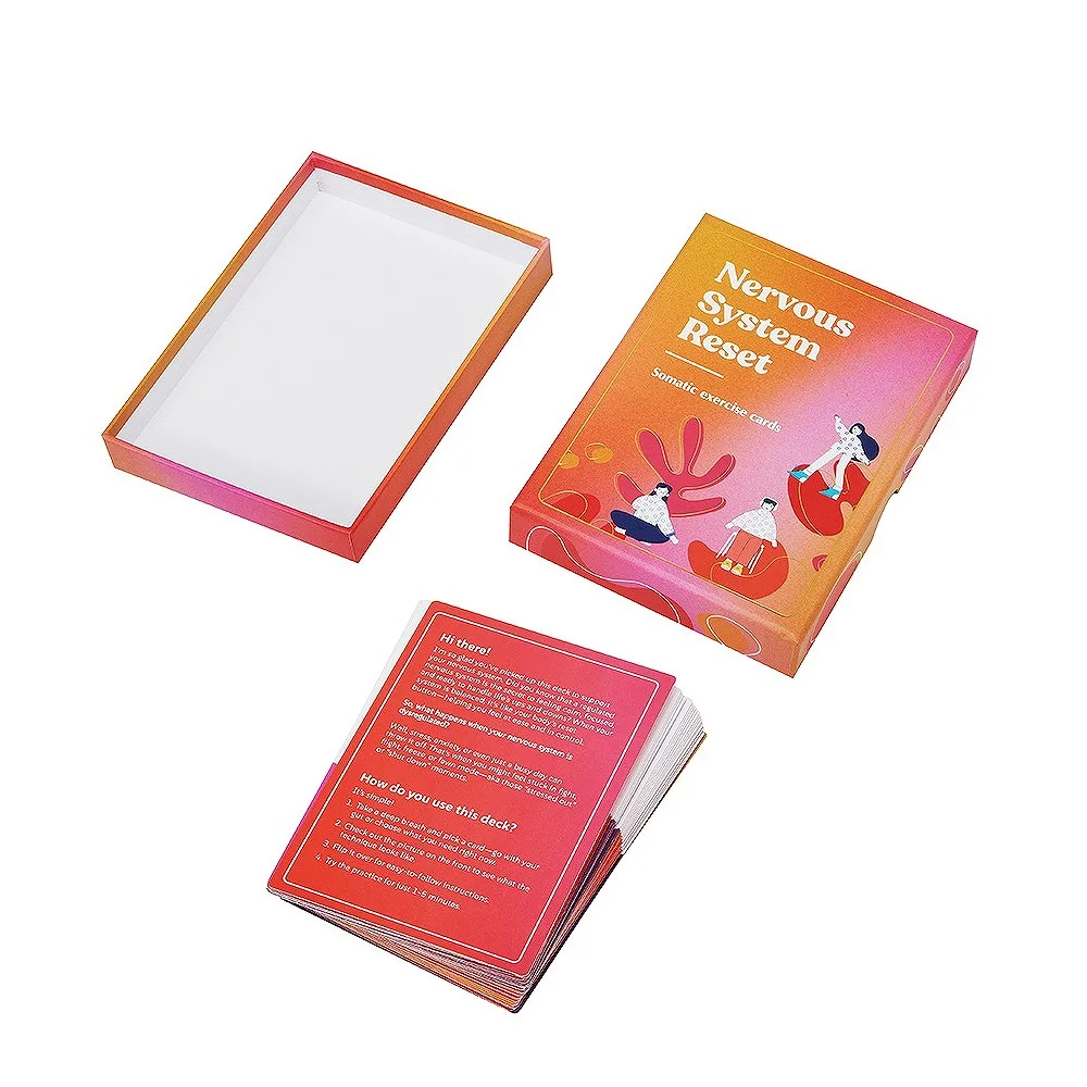 Printed exercise card deck displayed next to its orange and pink lid-and-base paper box